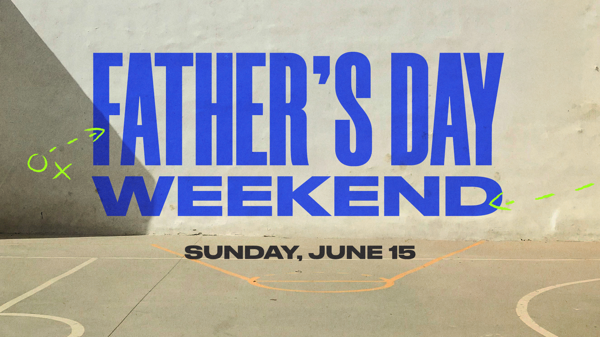 fathers day weekend at champions centre june 15 bright blue font with basketball court graphic