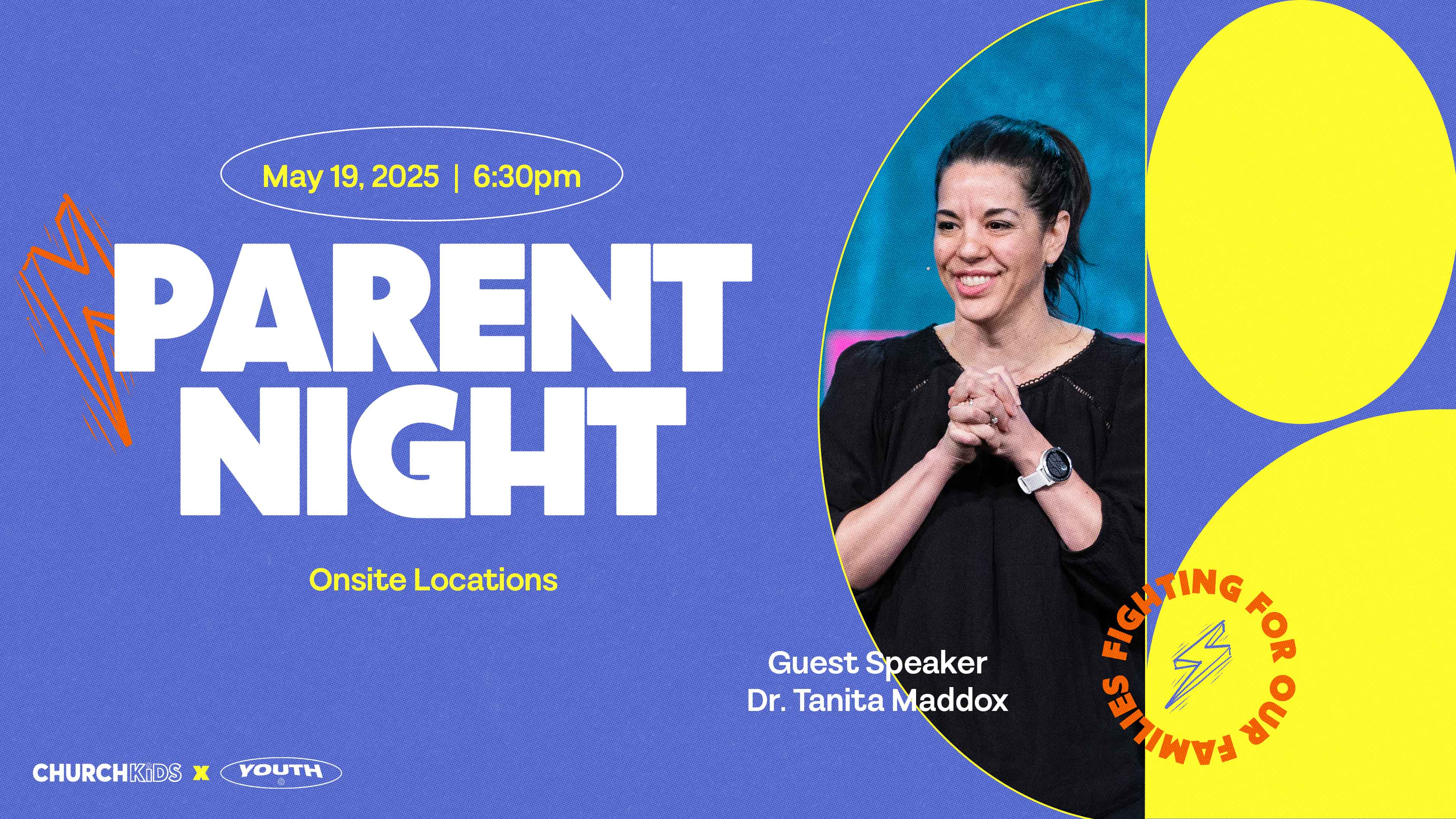 Bright Bold Purple and Yelllow graphic featuring Dr. Tanita Maddox Photo inviting parents to join for parent night on May 19 at 6:30pm